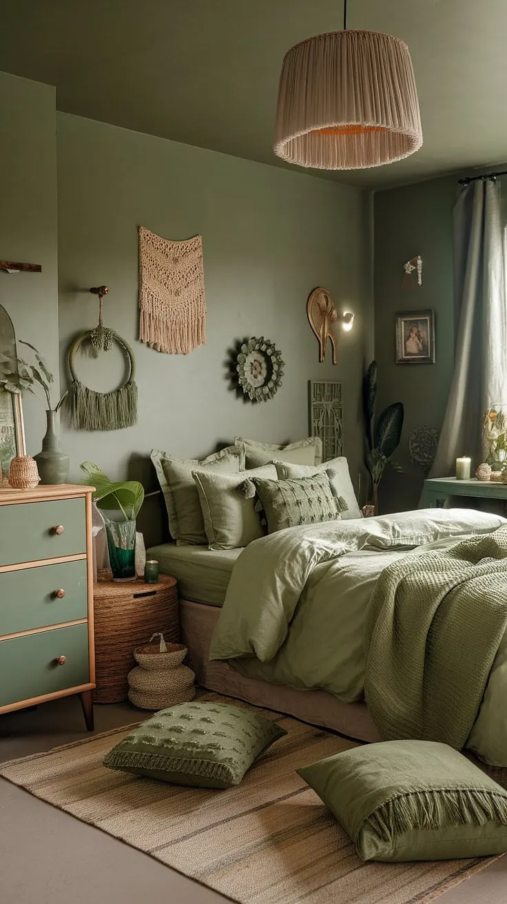 This cozy moody green bedroom features sage green bedding and boho decor, creating a warm and inviting atmosphere perfect for relaxation.