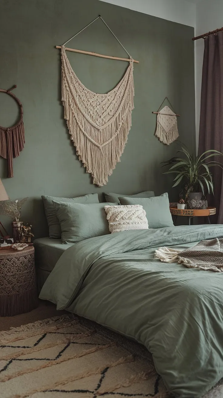 Create a tranquil retreat with a moody green bedroom adorned in sage green bedding and boho decor, perfect for inspiring cozy bedroom ideas.