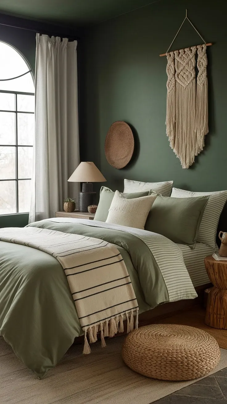 Transform your space into a cozy sage green bedroom with moody green decor, featuring sage green bedding and boho accents for a stylish and inviting atmosphere.