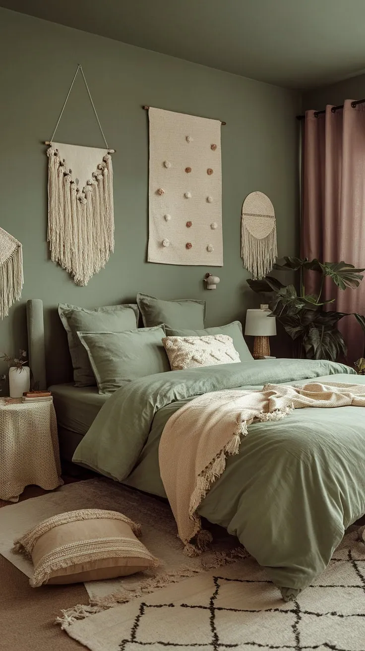 Create a tranquil green boho bedroom with sage green room ideas, combining moody green elements and cozy textiles for a stylish retreat.