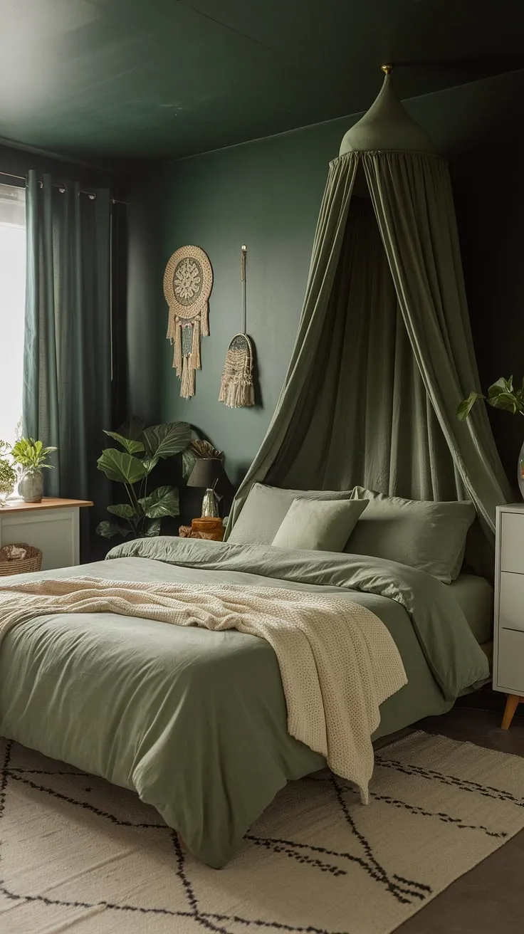 Create a green boho bedroom oasis with a moody atmosphere, highlighted by sage green bedding, a canopy bed, and soft lighting for ultimate comfort.