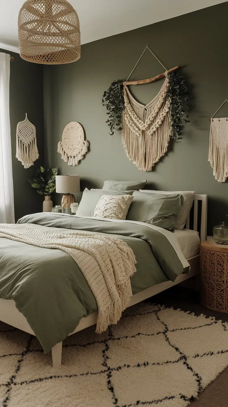 This moody green bedroom showcases sage green walls and bedding, complemented by boho sage green decor, creating inviting cozy bedroom ideas.