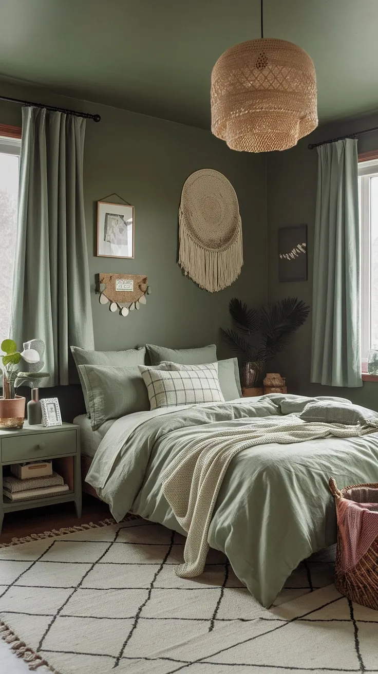 Create a tranquil green boho bedroom with sage green walls and bedding, complemented by cozy decor elements for an inviting atmosphere.