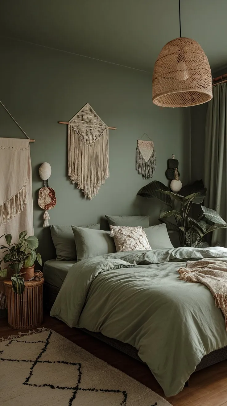 Transform your space into a cozy sage green bedroom with moody green decor, featuring boho sage green bedding and accents for a stylish retreat.