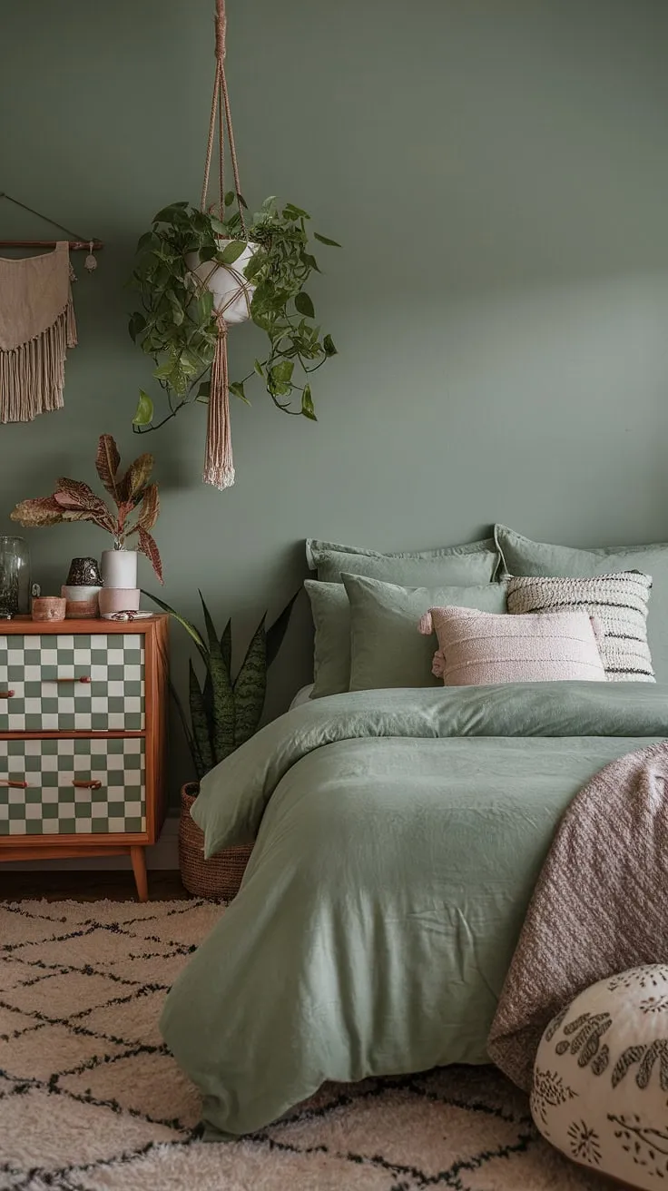 Create a tranquil green boho bedroom with plush sage green bedding and cozy decor elements that invite relaxation and warmth.
