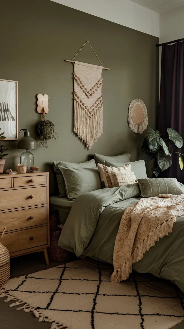 Transform your space into a cozy sage green bedroom with moody green decor, featuring sage green bedding and boho sage green accents for a stylish retreat.