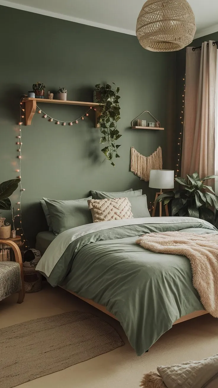 Transform your space into a cozy sage green bedroom with moody green decor, featuring sage green bedding and boho sage green accents for a tranquil retreat.