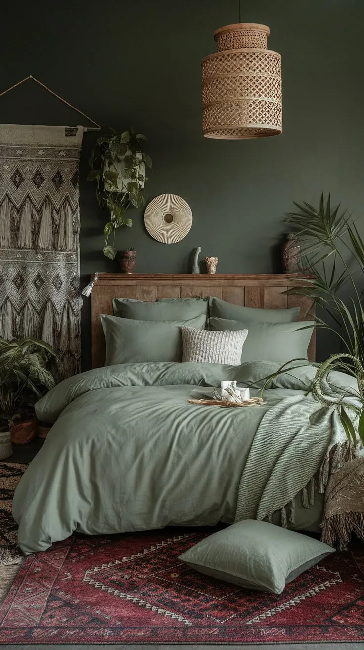Create a tranquil green boho bedroom with sage green room ideas, including cozy bedding, plants, and a wooden headboard that enhance the moody vibe.