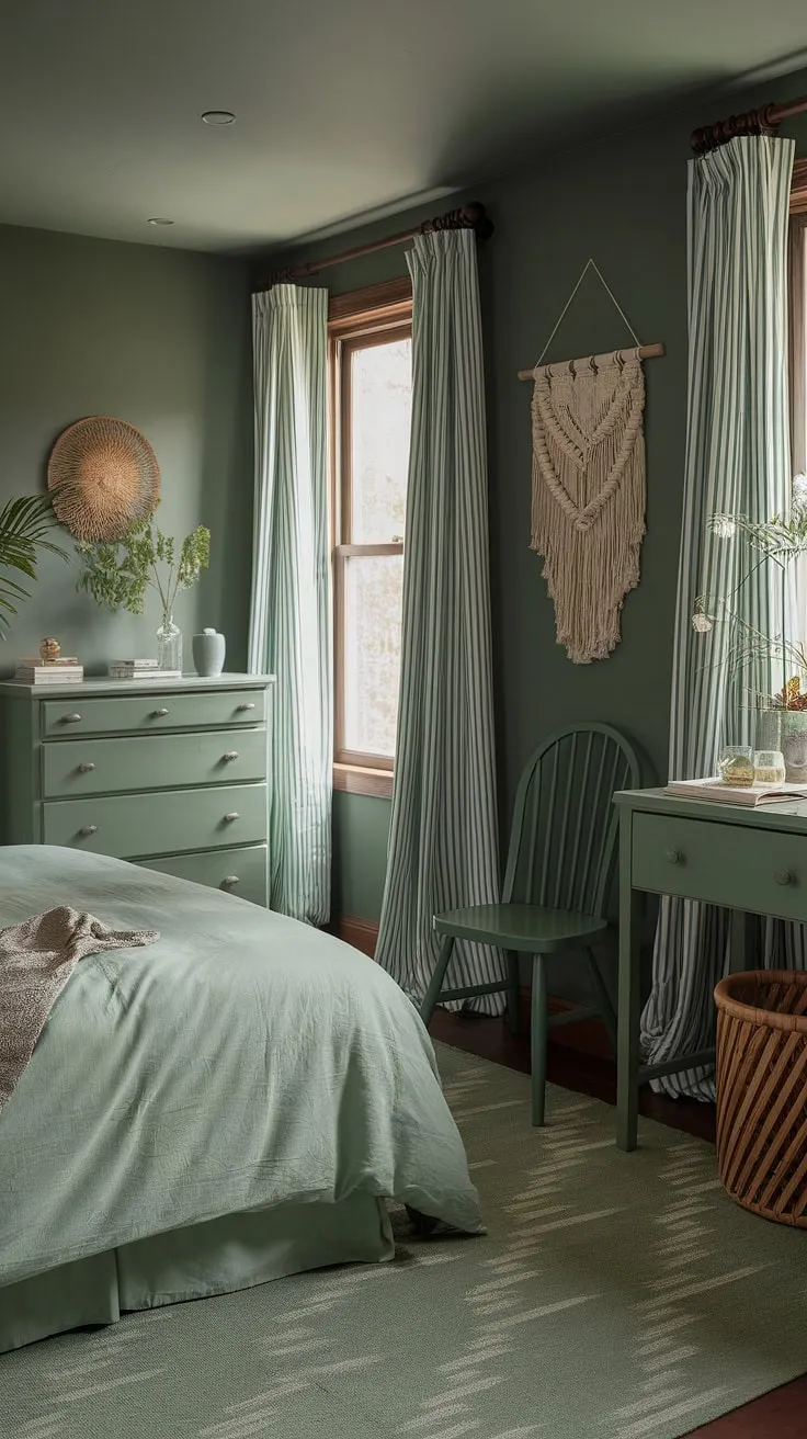 Transform your space with a cozy sage green bedroom featuring boho decor, from sage green bedding to moody green walls, creating the perfect green boho bedroom retreat.