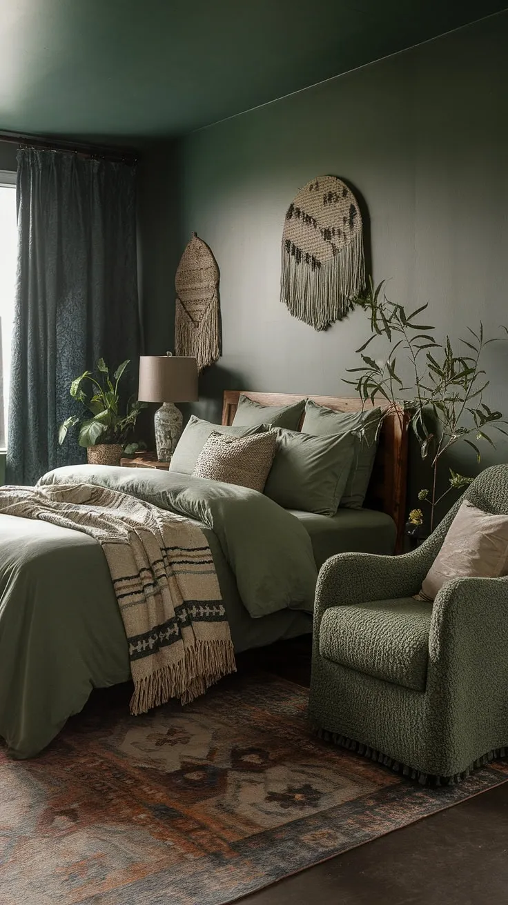 Transform your space into a cozy sage green bedroom with moody green decor, featuring sage green bedding and boho sage green accents for a stylish retreat.