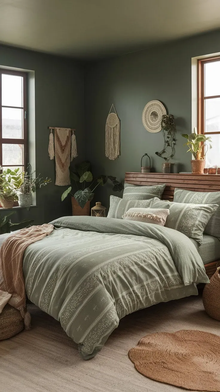 This moody green bedroom features cozy sage green bedding and boho decor, creating a tranquil atmosphere with natural light and stylish accents.