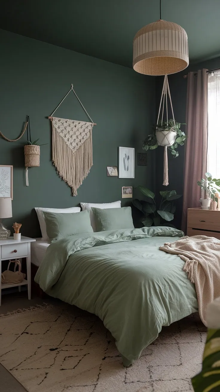 This moody green bedroom showcases sage green bedding and boho decor, blending comfort and style for the ultimate cozy retreat.