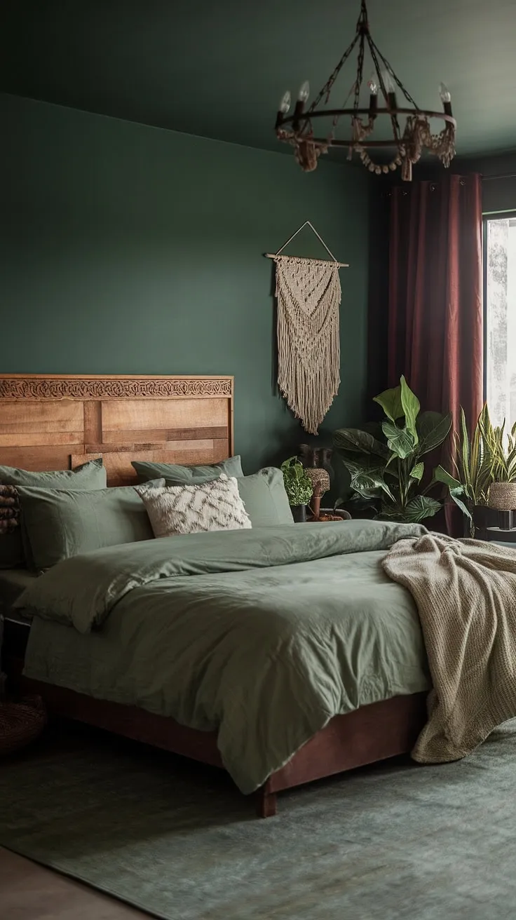 This moody green bedroom showcases sage green bedding and boho decor, creating a cozy atmosphere with rustic elements and lush greenery.