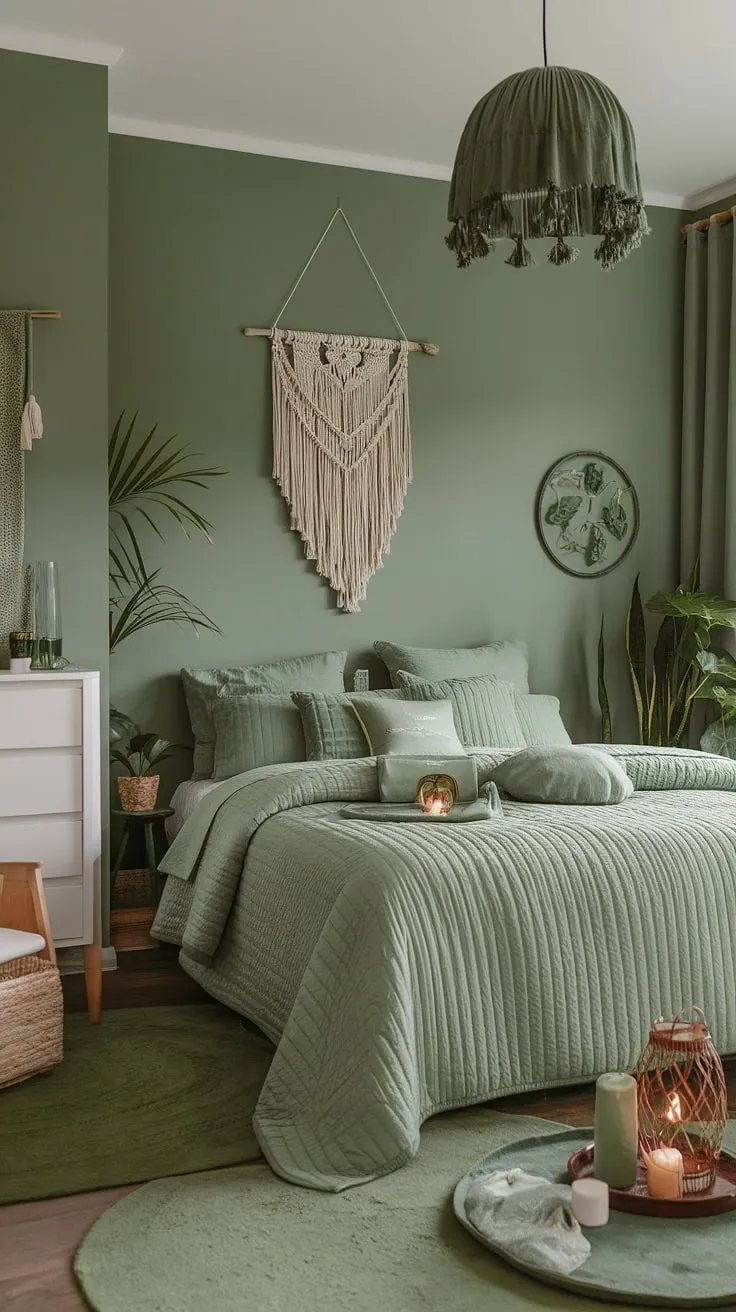 This moody green bedroom features cozy sage green bedding and boho decor, creating a tranquil oasis with its quilted bedspread, macrame wall hanging, and lush green accents.