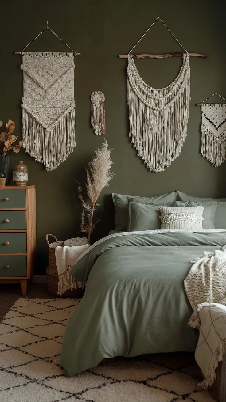 This moody green bedroom showcases sage green bedding and boho decor, creating a cozy ambiance perfect for inspiring green boho bedroom ideas.