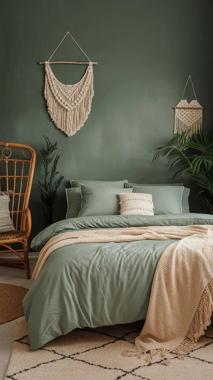 The combination of sage green bedding and moody green decor transforms this cozy boho bedroom into a tranquil retreat brimming with personality.