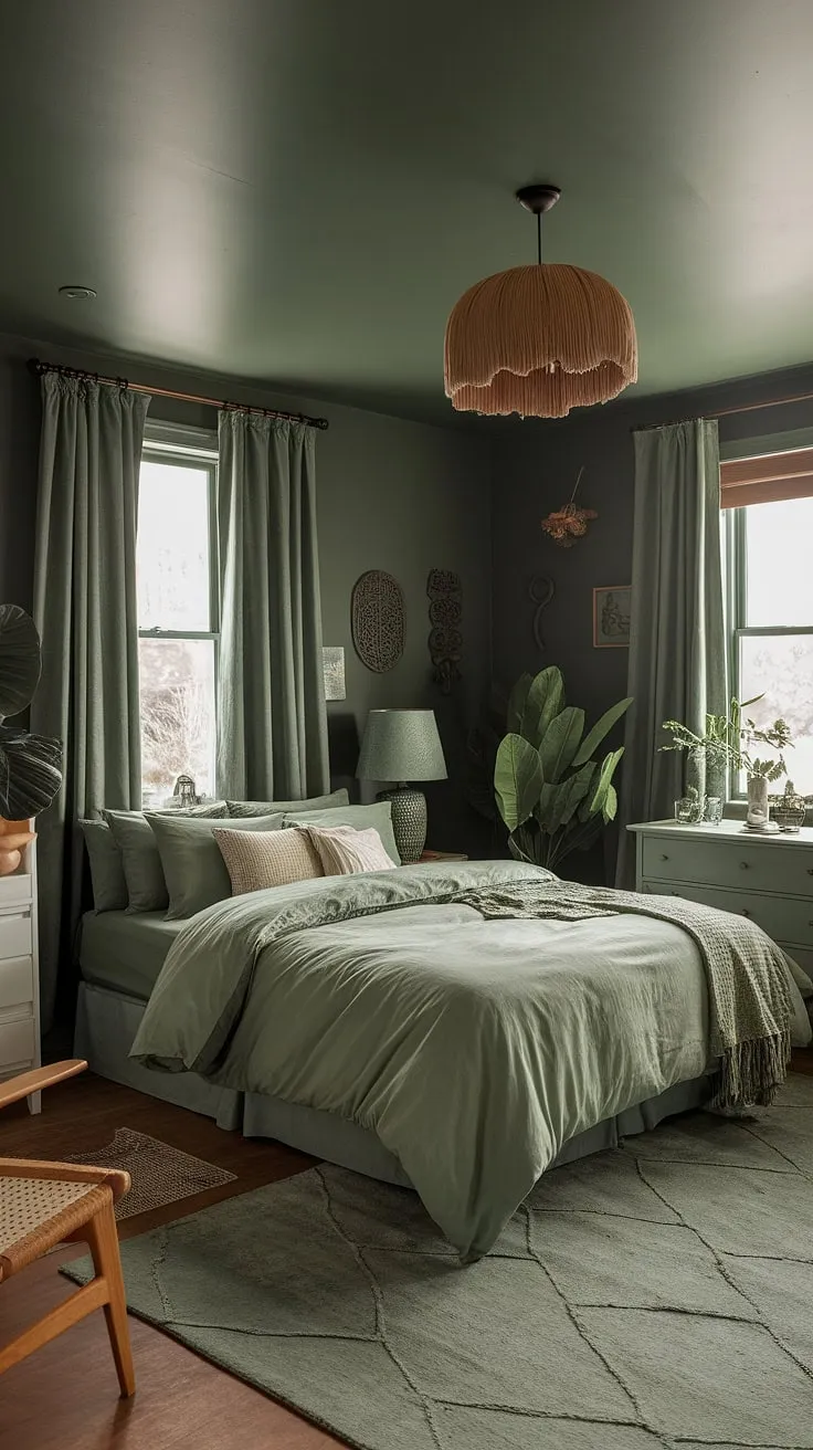 Transform your space into a cozy sage green bedroom with moody green decor, featuring sage green bedding and boho sage green accents for a tranquil retreat.