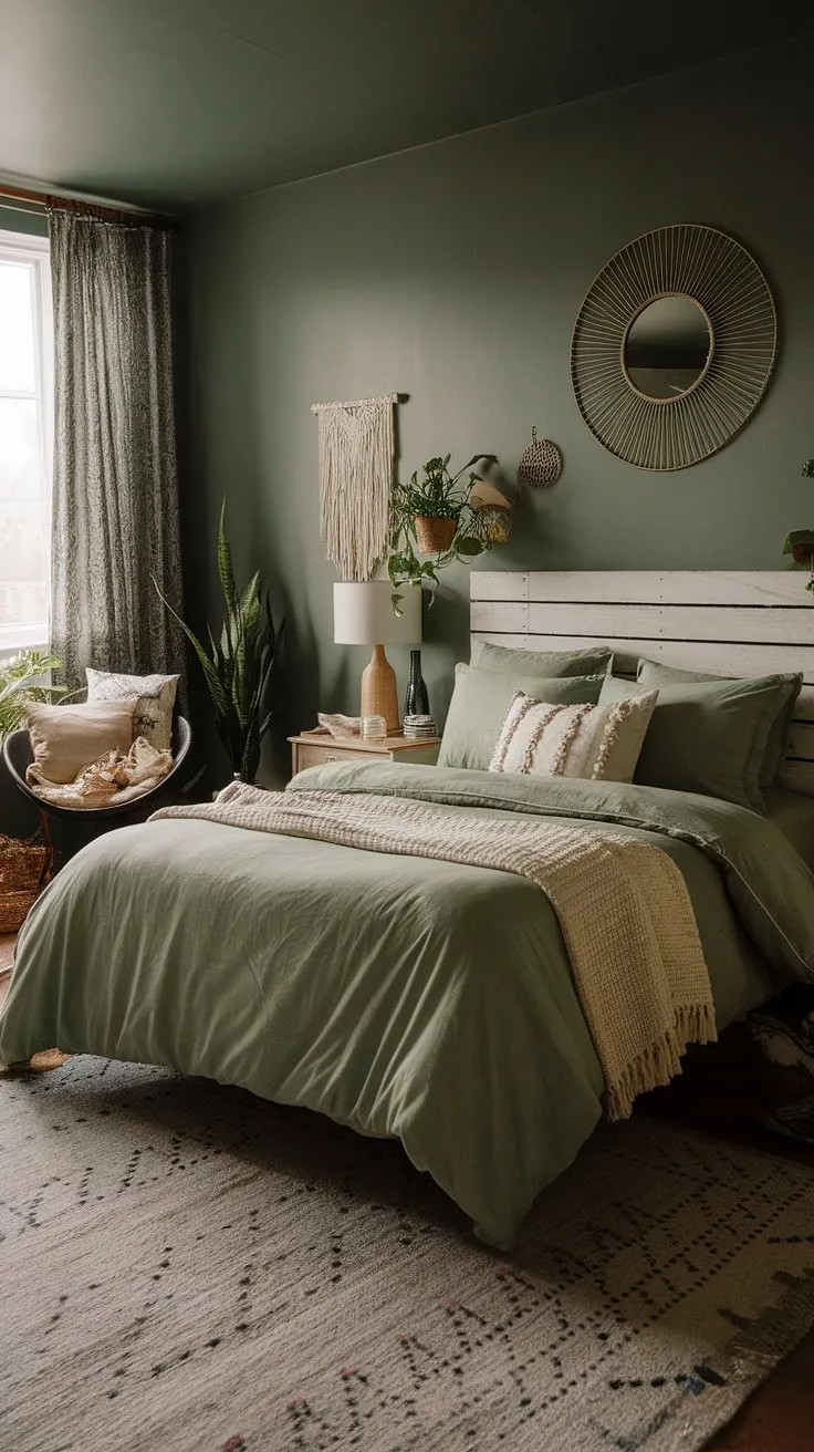 Transform your space with a cozy moody green bedroom featuring sage green bedding and boho decor for a stylish retreat.