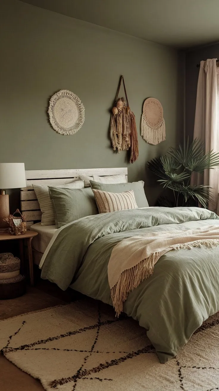 Transform your space with a moody green bedroom featuring cozy sage green bedding and boho decor for a stylish and inviting retreat.