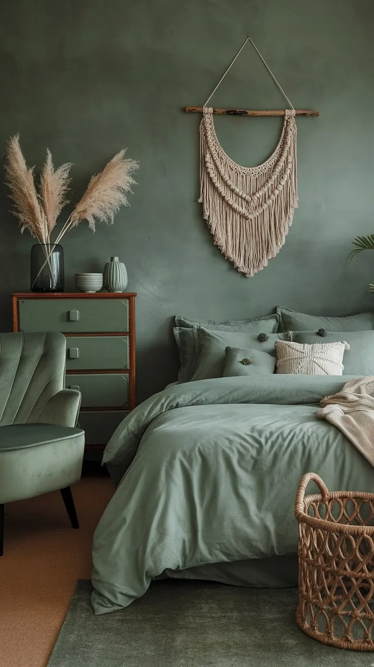 Create a green boho bedroom oasis with sage green room ideas, including plush bedding and stylish decor that exudes warmth and comfort.