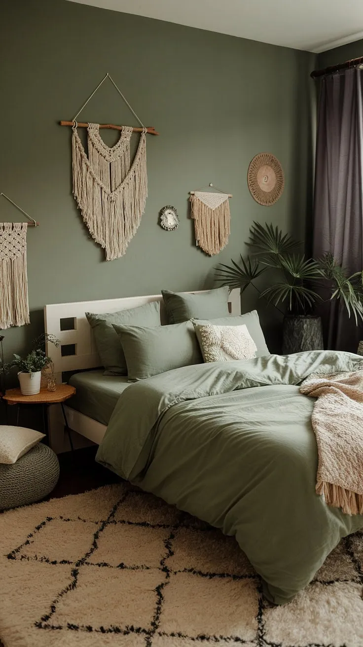 Transform your space into a cozy sage green bedroom with moody green decor, featuring sage green bedding and boho accents for a stylish retreat.
