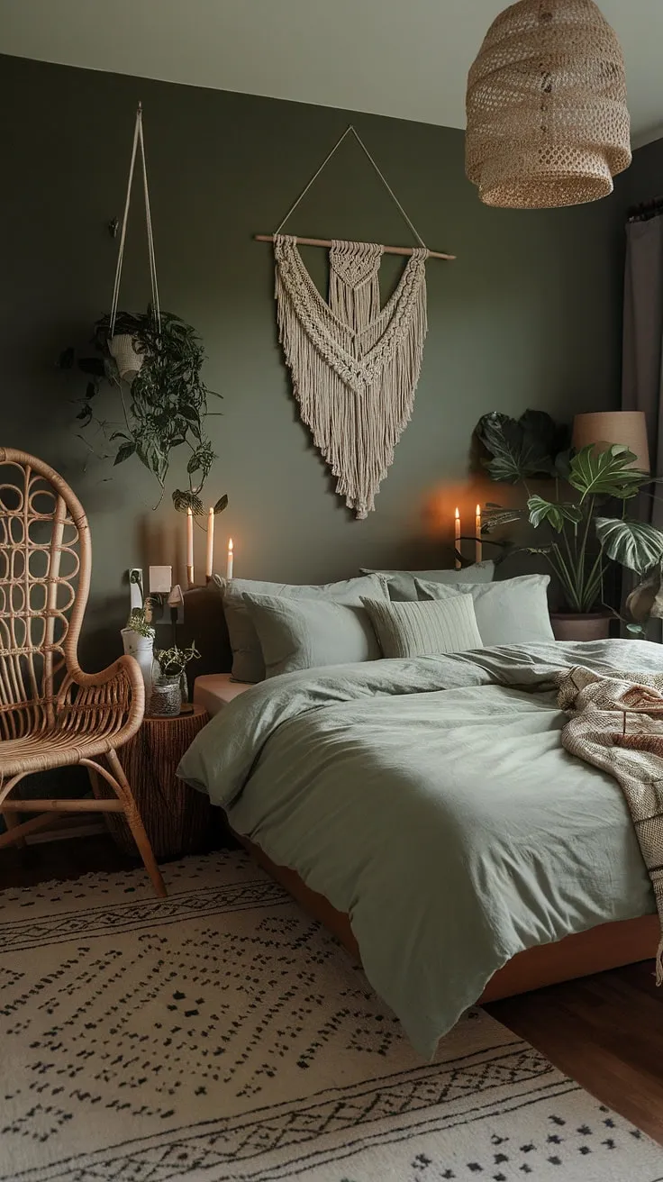 Transform your space into a cozy sage green bedroom with boho decor, featuring sage green bedding, moody green walls, and stylish accents like a macrame wall hanging and plants.