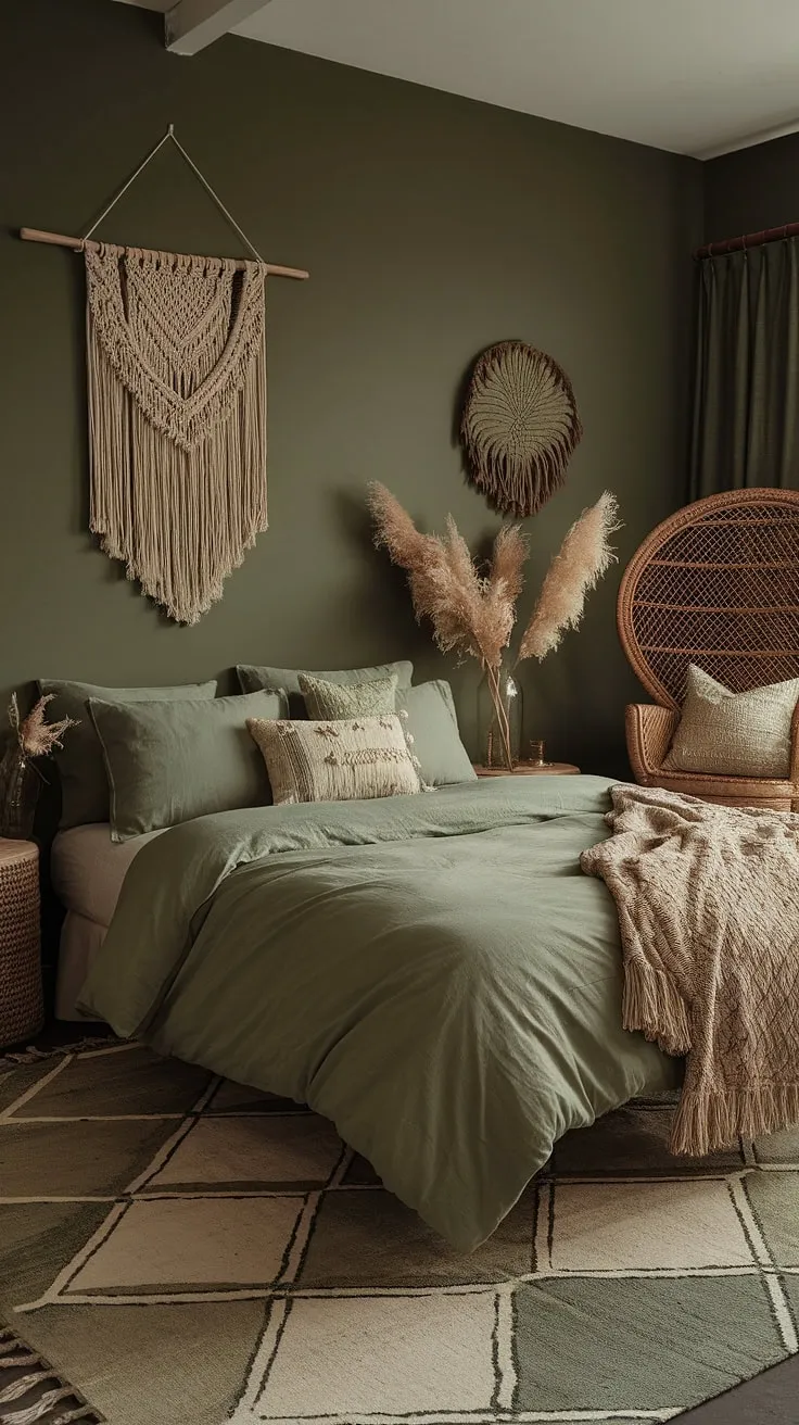Transform your space into a cozy sage green bedroom with moody green decor, featuring sage green bedding and boho accents like macrame wall hangings and textured throw pillows.