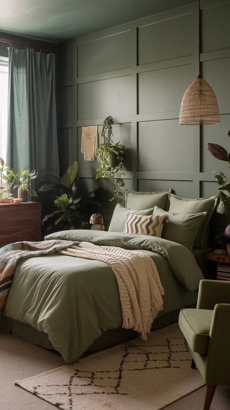 Create a moody green bedroom oasis with sage green bedding and boho accents, where cozy elements like a green armchair and patterned pillows invite relaxation.