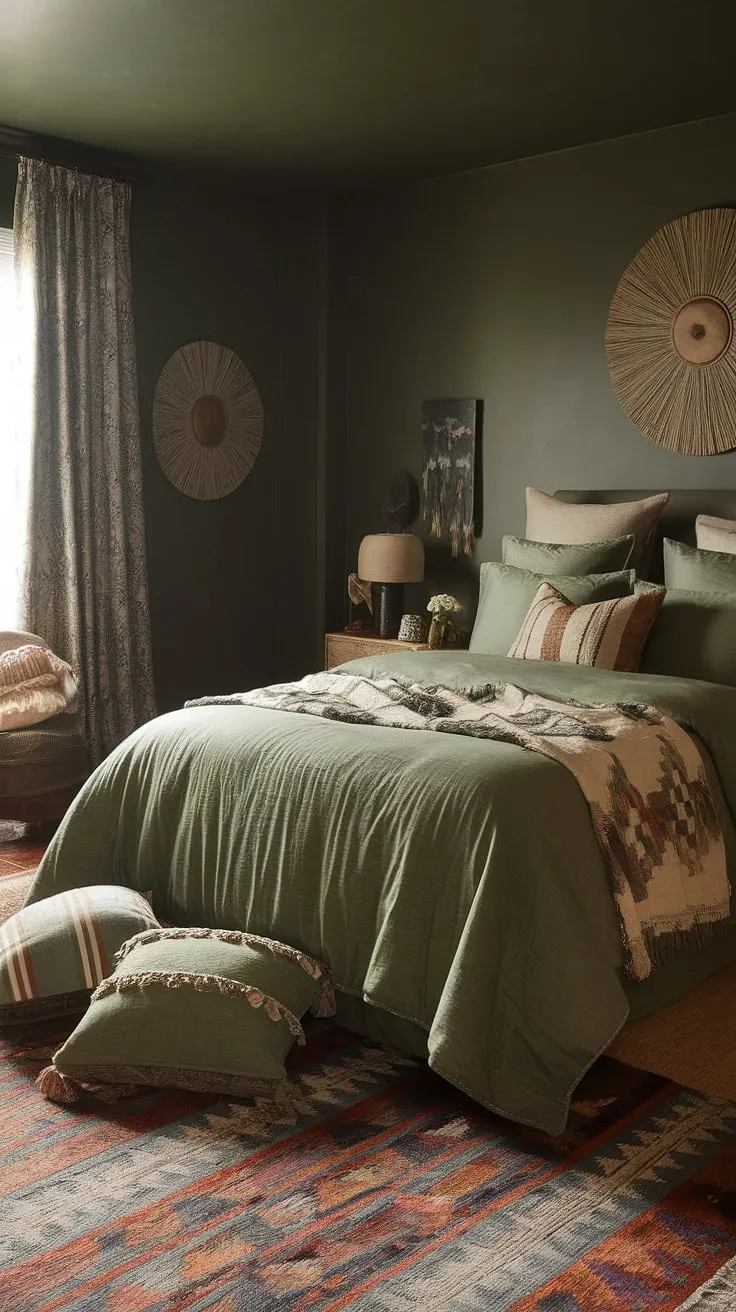 Transform your space into a cozy sage green bedroom with moody green decor, featuring sage green bedding and boho accents for a stylish and inviting atmosphere.