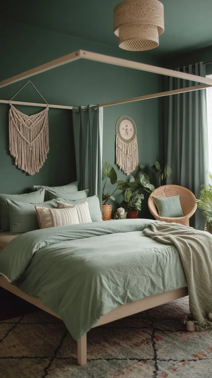 Escape to a serene sanctuary where soothing sage hues and boho charm invite you to drift into a blissful slumber.