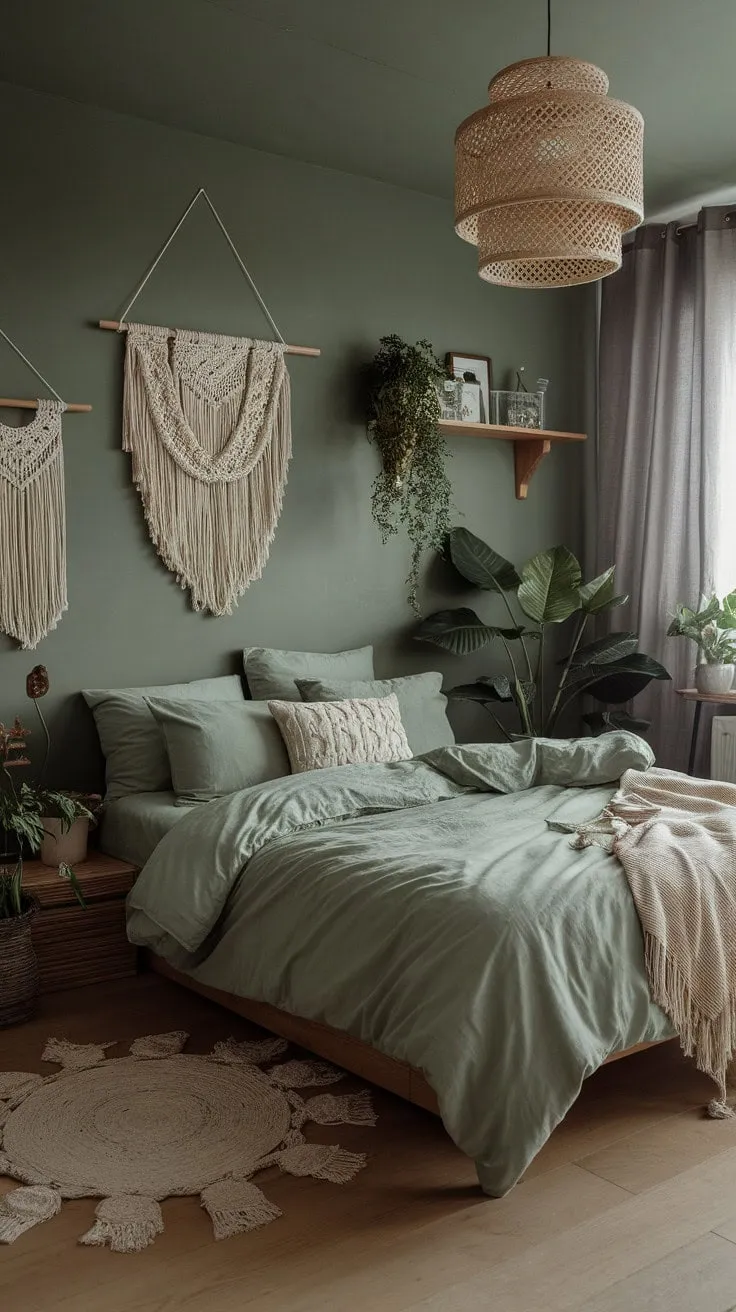 Escape to a serene boho sanctuary where soothing greens and earthy textures create a tranquil retreat for relaxation and reconnection.