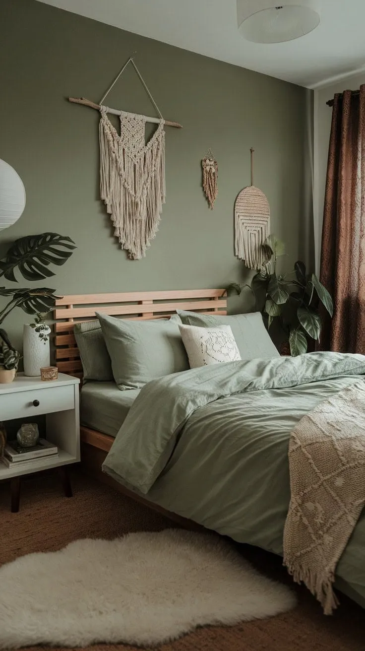 Escape into a serene slumber in this enchanting green bedroom, where soothing hues and the embrace of a cozy rug create the perfect retreat for restful dreams.