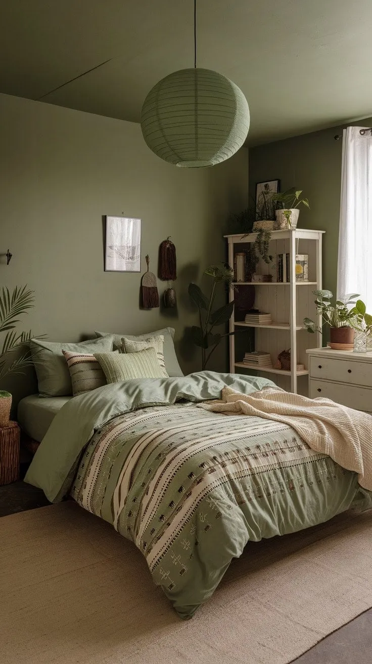 Discover a tranquil retreat adorned in sage green and boho charm, where unique bedding and soft lighting invite you to relax in comfort and style.