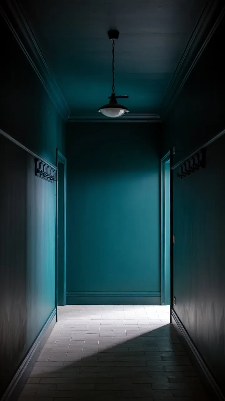In a dimly lit hallway where deep green walls and pale tiles collide, a solitary light reveals aged hooks and a mysterious door, beckoning with untold stories.