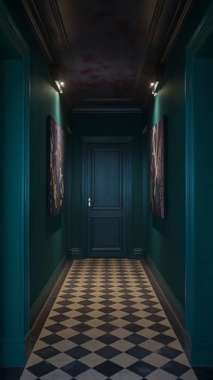 In an opulent hallway where deep green walls whisper secrets and a checkerboard floor serves as a dramatic stage, a sense of quiet luxury hints at hidden treasures within.