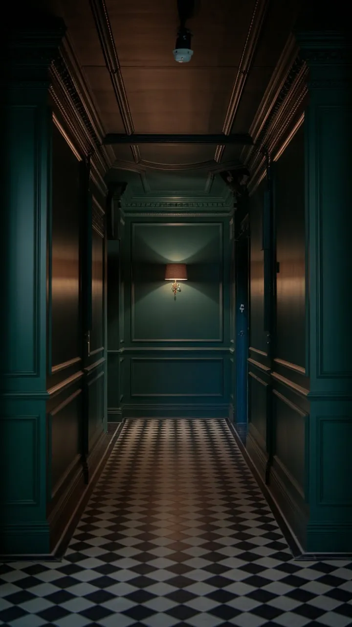 In a luxurious passage where deep green walls and a checkered floor hold untold stories, a single lamp casts a warm glow, enveloping the space in timeless elegance.