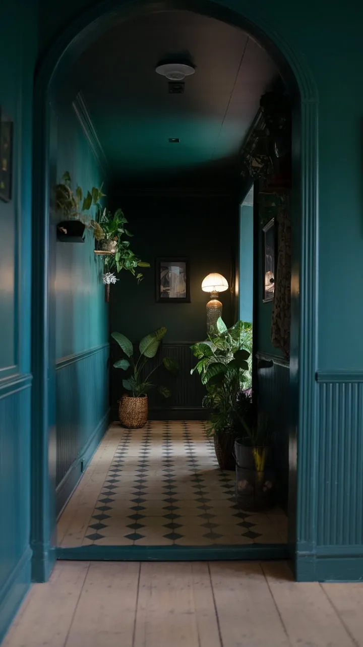 In a dimly lit hallway adorned with deep green walls and a checkered floor, potted plants and artifacts weave a tapestry of mystery, while a soft glow at the end beckons with promises of untold stories.