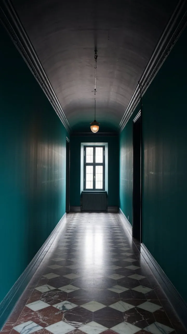 In this hushed hallway adorned with rich green walls and an intricate marble floor, a solitary window invites the curious to uncover the secrets that await beyond.