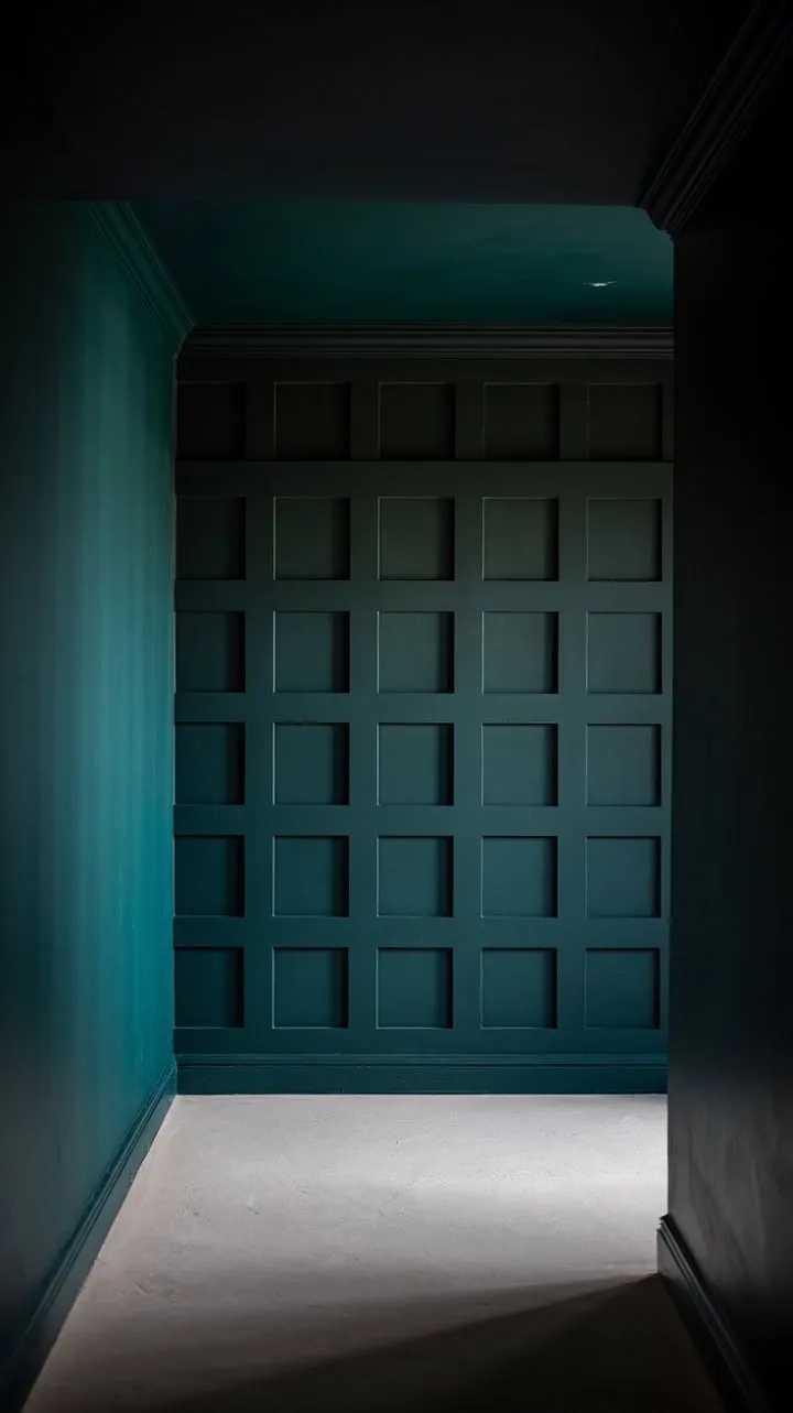 In a dimly lit hallway, deep green walls adorned with shadowed squares hold whispered secrets, inviting an air of mystery and the promise of an unseen journey.