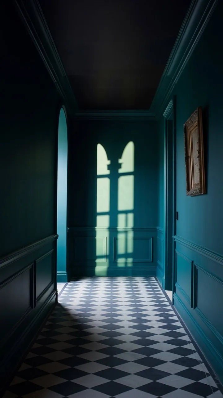 In an opulent hallway where rich green walls and a dark ceiling dance with light and shadow, a lone artwork whispers untold tales against the elegant backdrop of a black and white checkerboard floor.