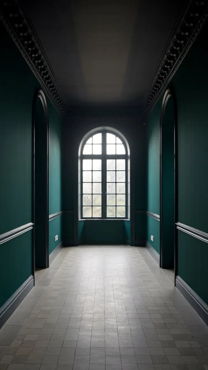 In a captivating interplay of light and shadow, deep green walls share secrets while a checkered floor leads to a radiant escape.