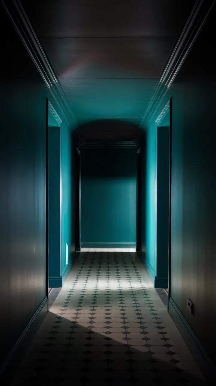 In a captivating interplay of light and shadow, the deep green walls and checkered floor beckon with an air of mystery.