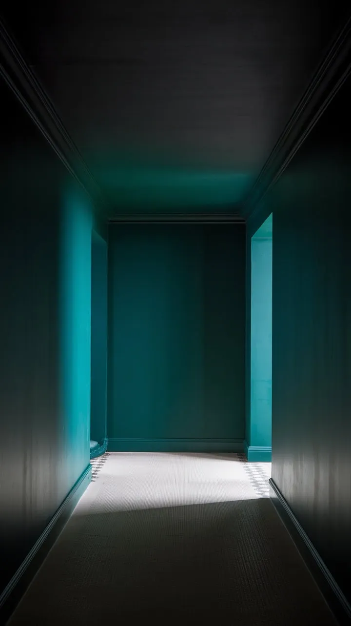 In a captivating space where deep green walls and a dark ceiling evoke quiet mystery, a checkerboard floor hints at an intriguing journey ahead, thick with anticipation.