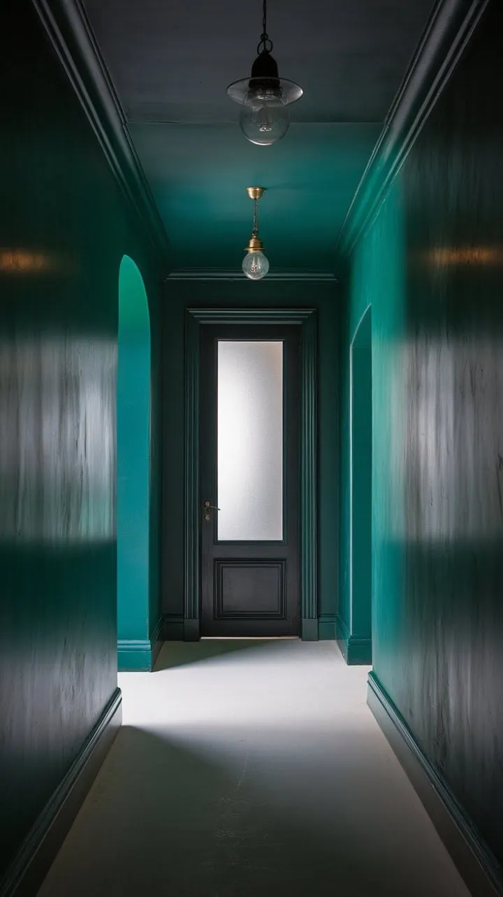 In a hushed emerald hallway where light and shadow collide, an air of intrigue and anticipation invites you to step deeper into the unknown.
