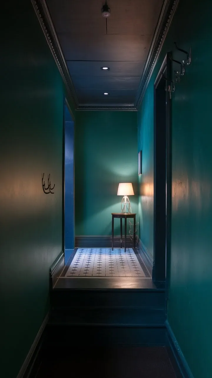 In this dimly lit hallway, deep green walls and a checkerboard floor create a timeless elegance, where whispers of mystery linger in the air.