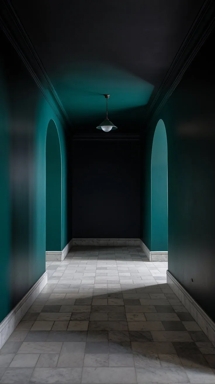 A moody hallway featuring deep green walls and a dark painted ceiling contrasts beautifully with light checkerboard marble floors, creating a luxe atmosphere.