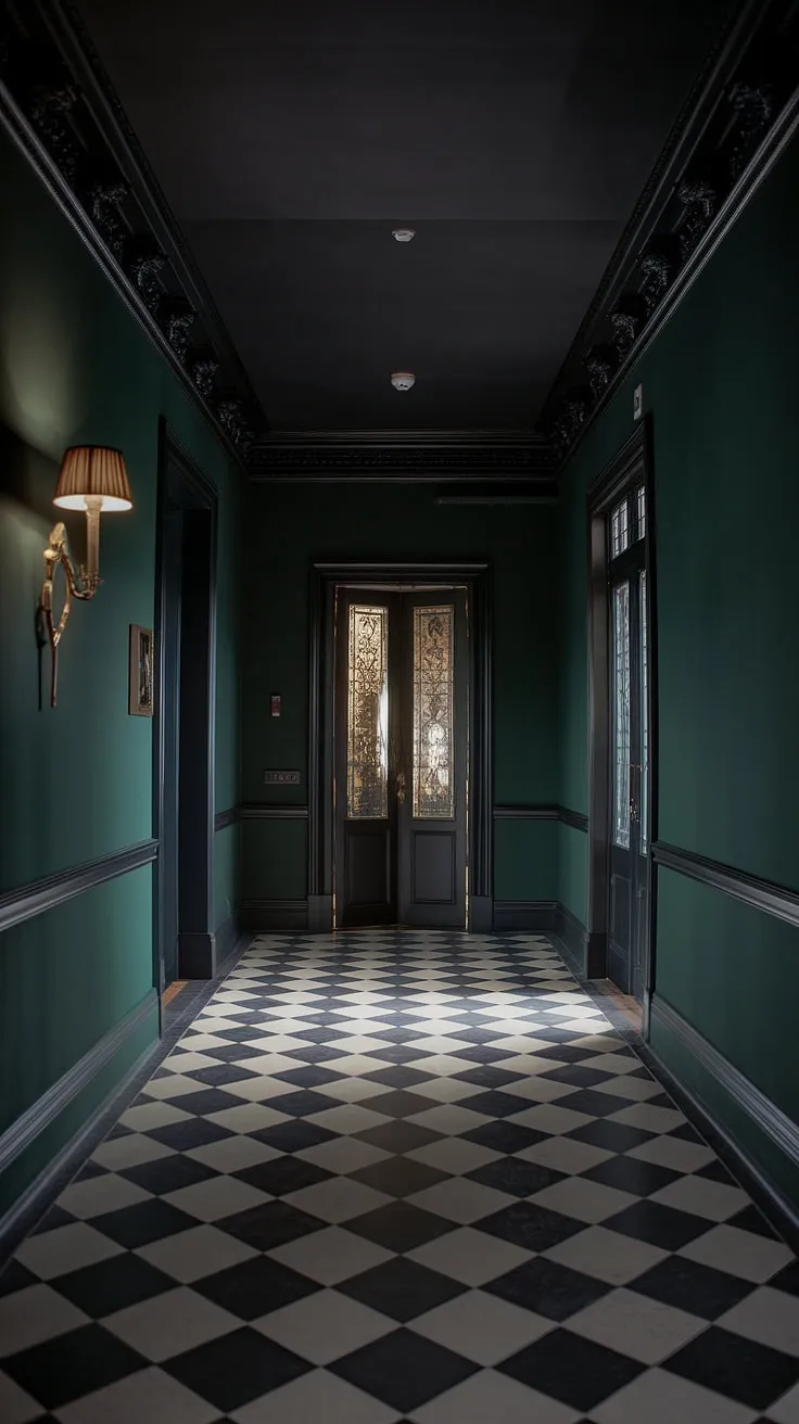 Transform your small dark hallway into a moody luxe retreat with deep green walls, a dark painted ceiling, and striking black and white checkerboard floors.