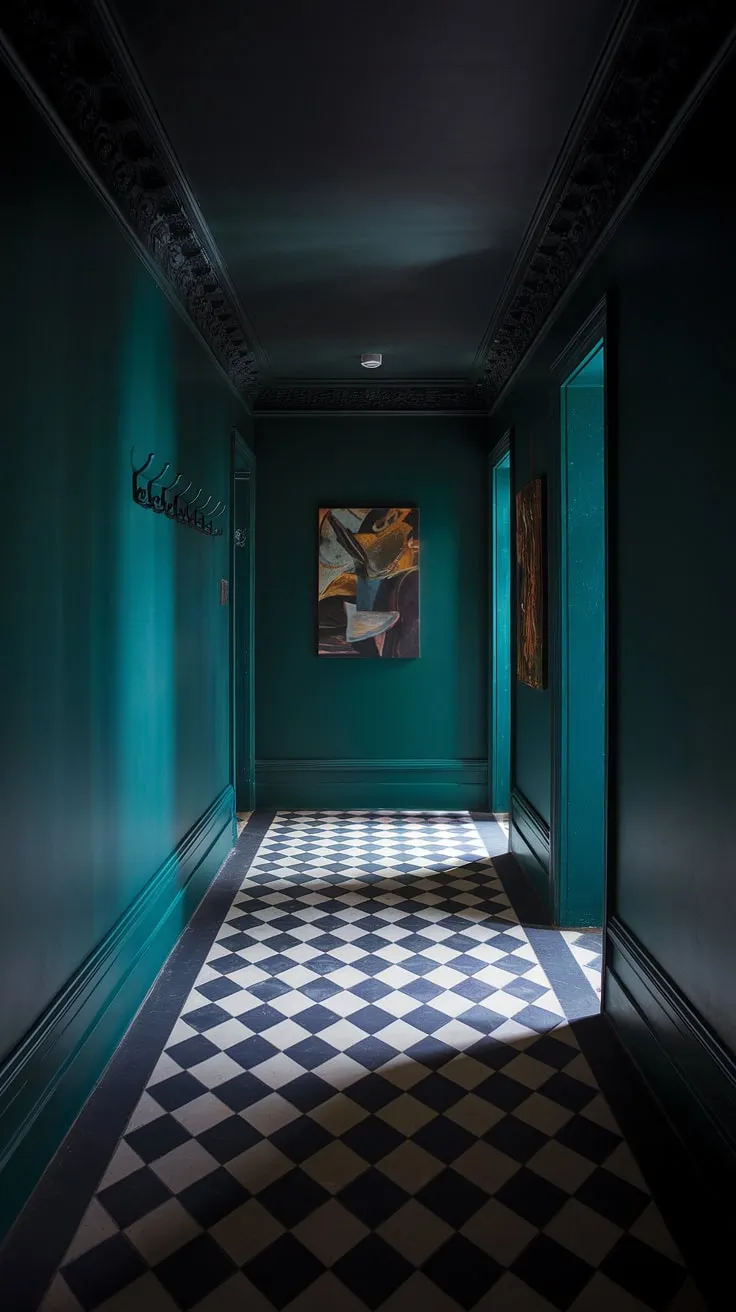 A moody hallway featuring deep green walls, a dark painted ceiling, and striking checkerboard floors creates a luxurious atmosphere with its dramatic lighting and shadow play.