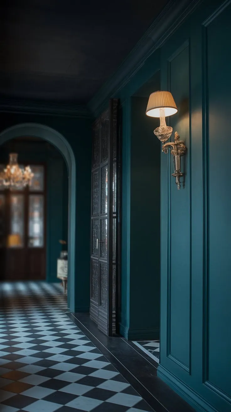 The small dark hallway showcases deep green walls and a dark ceiling, with a chic checkerboard floor that exudes moody luxe elegance.