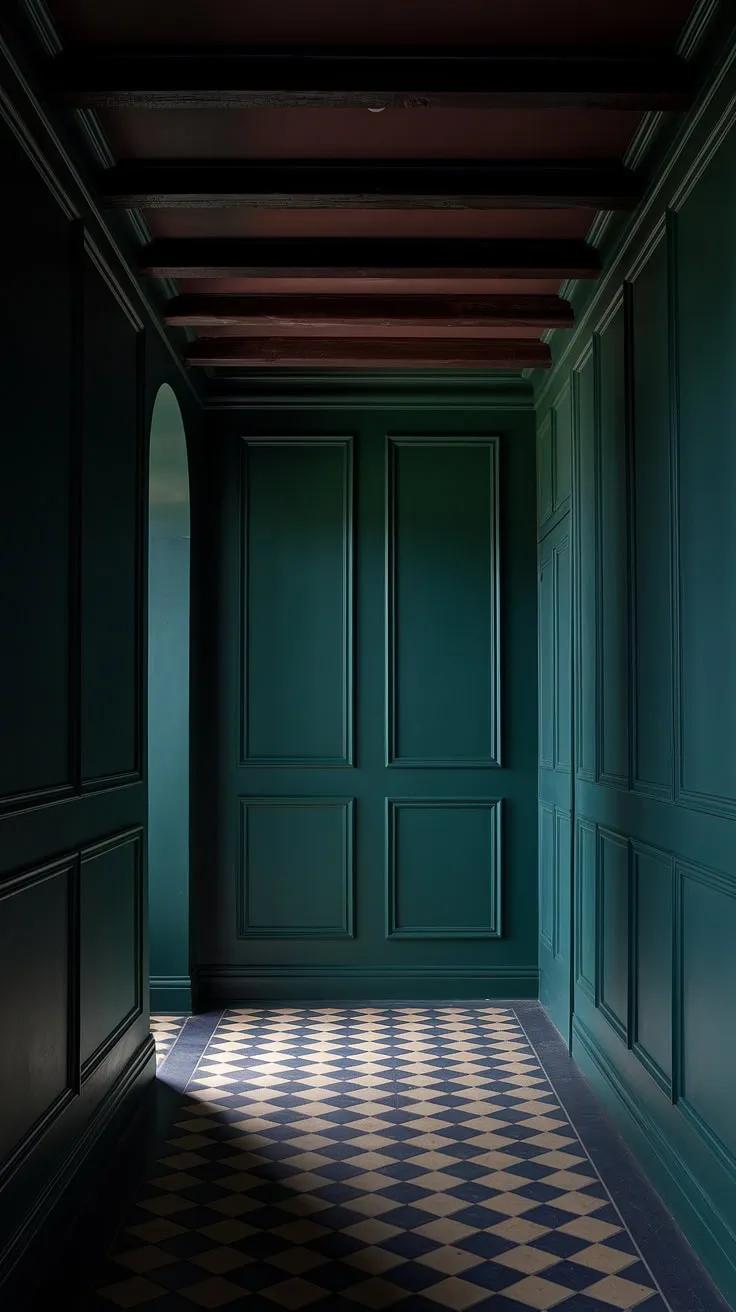 A moody hallway featuring deep green walls, a dark painted ceiling, and a striking checkerboard floor creates a luxe atmosphere illuminated by soft light.
